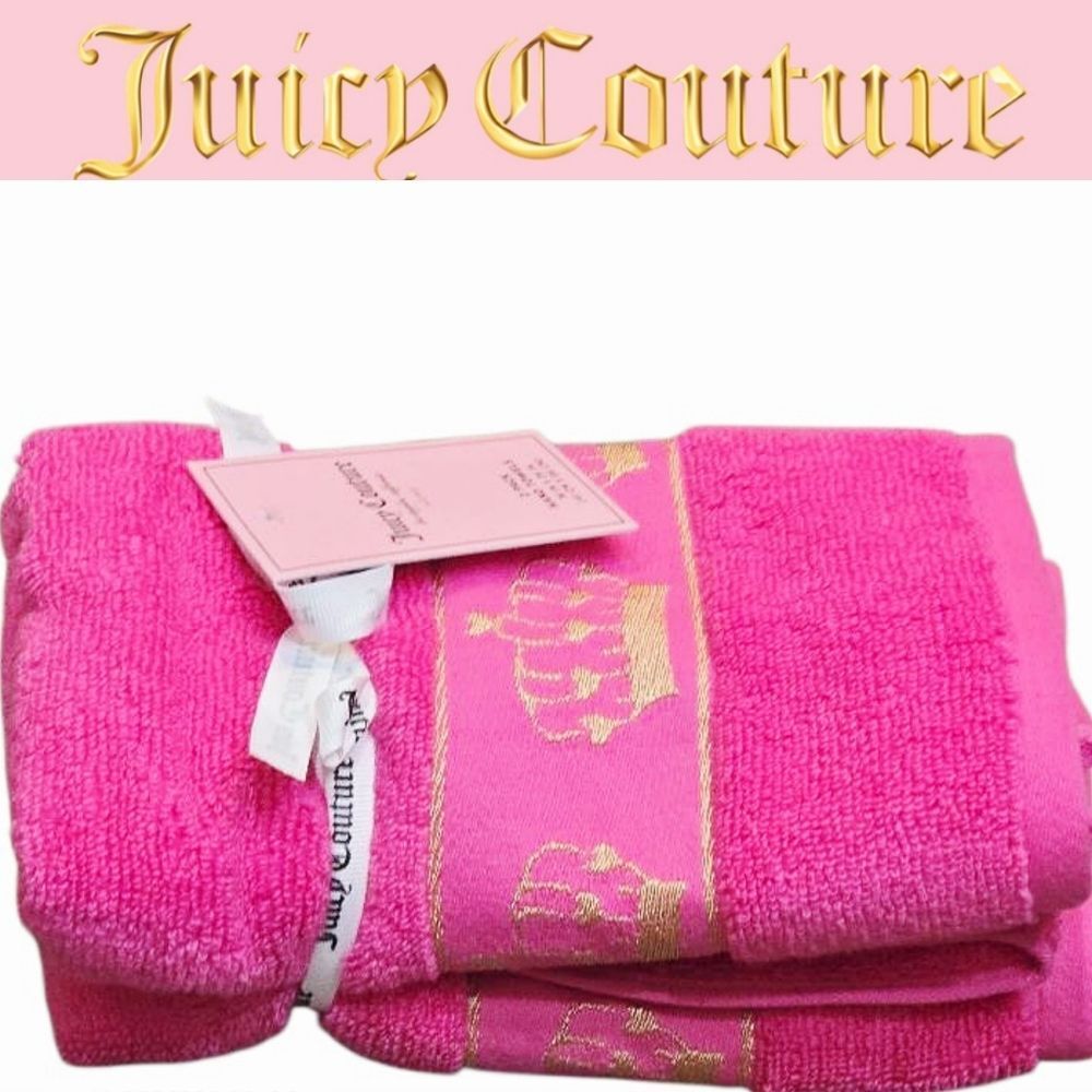 Juicy Couture Home Heart Crown Plush Hand Towel Set- Pink/Gold
